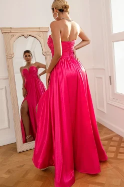Fuchsia Strapless Vestido de baile com fenda