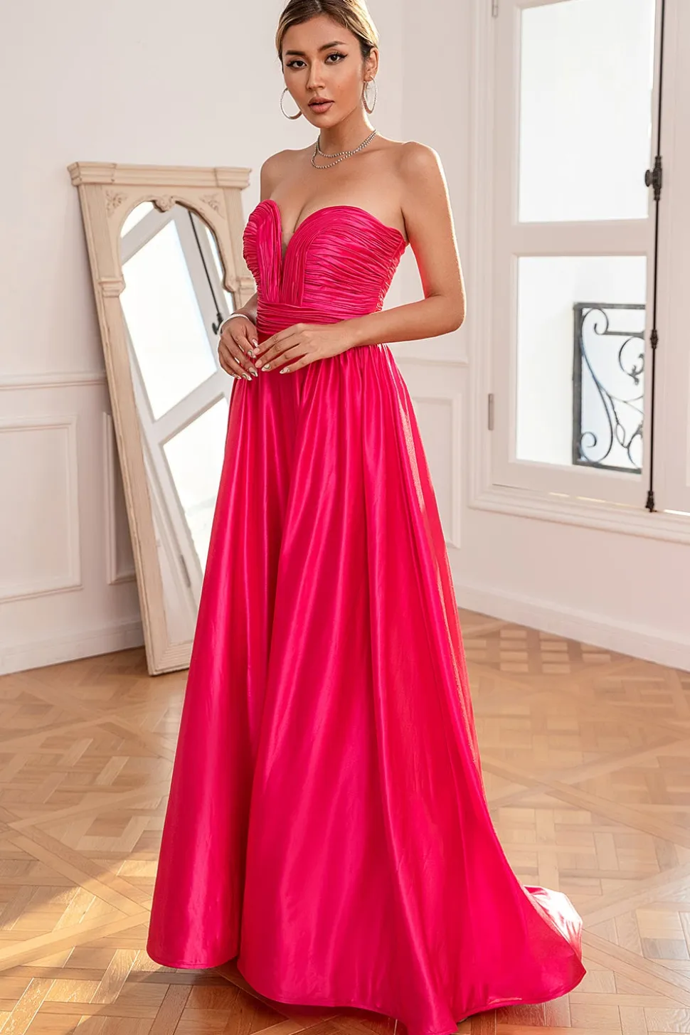 Fuchsia Strapless Vestido de baile com fenda