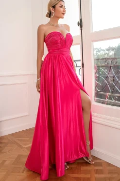 Fuchsia Strapless Vestido de baile com fenda