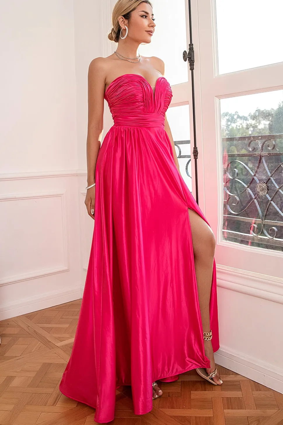 Fuchsia Strapless Vestido de baile com fenda