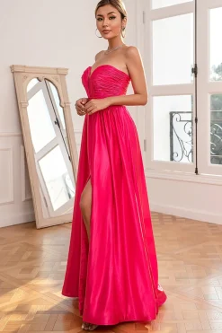 Fuchsia Strapless Vestido de baile com fenda