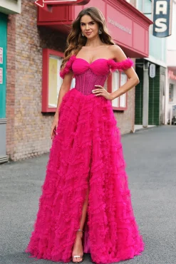 Fuchsia Tiered A-Line fora do ombro longo espartilho vestido de baile com missangas