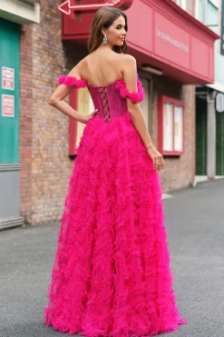 Fuchsia Tiered A-Line fora do ombro longo espartilho vestido de baile com missangas