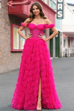 Fuchsia Tiered A-Line fora do ombro longo espartilho vestido de baile com missangas