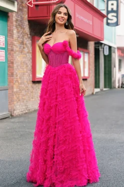 Fuchsia Tiered A-Line fora do ombro longo espartilho vestido de baile com missangas