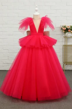 Fuchsia Tulle Flower Girl Dress com arco de lantejoulas