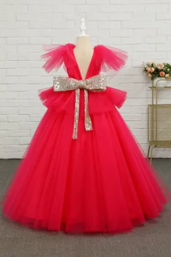 Fuchsia Tulle Flower Girl Dress com arco de lantejoulas