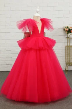 Fuchsia Tulle Flower Girl Dress com arco de lantejoulas
