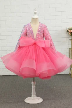 Fuchsia Tulle Lantejoulas Vestido de menina de flor