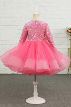 Fuchsia Tulle Lantejoulas Vestido de menina de flor