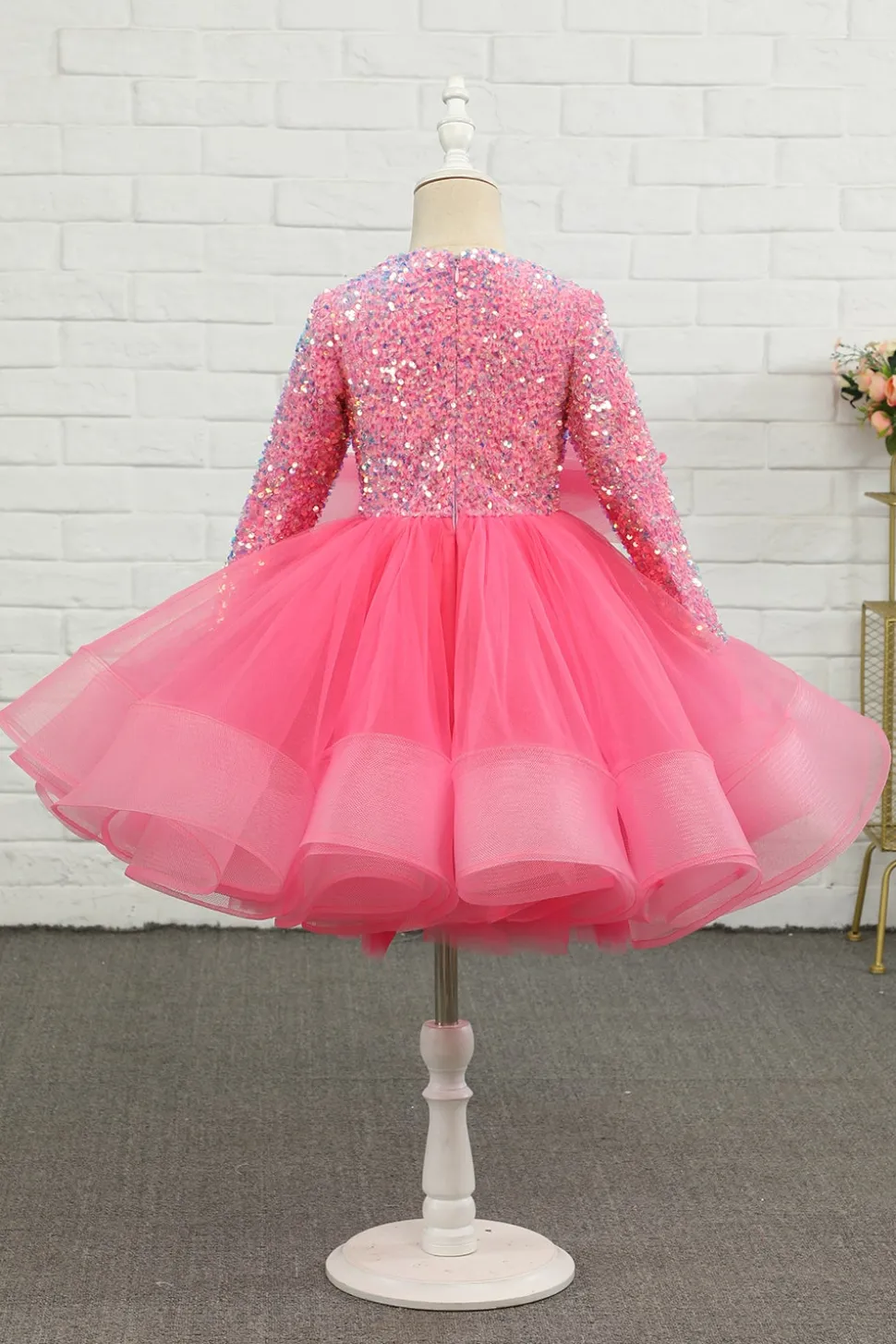 Fuchsia Tulle Lantejoulas Vestido de menina de flor