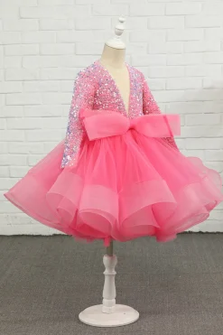 Fuchsia Tulle Lantejoulas Vestido de menina de flor