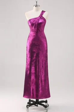 Fuchsia Um ombro comprimento do chão bainha vestido formal