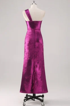 Fuchsia Um ombro comprimento do chão bainha vestido formal