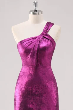 Fuchsia Um ombro comprimento do chão bainha vestido formal