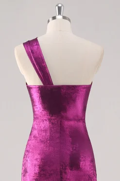 Fuchsia Um ombro comprimento do chão bainha vestido formal