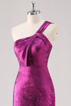 Fuchsia Um ombro comprimento do chão bainha vestido formal