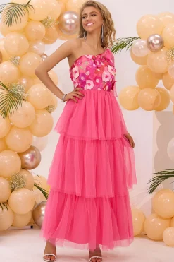 Fuchsia Um Ombro Uma Linha Tiered Tulle Long Prom Dress