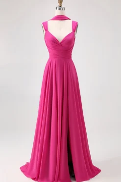 Fuchsia Uma linha conversível Chiffon vestido de dama de honra com fenda