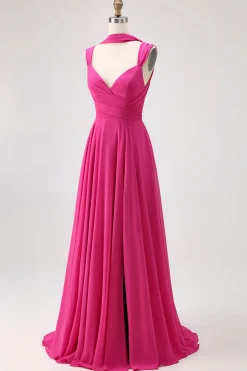 Fuchsia Uma linha conversível Chiffon vestido de dama de honra com fenda