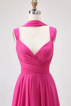 Fuchsia Uma linha conversível Chiffon vestido de dama de honra com fenda