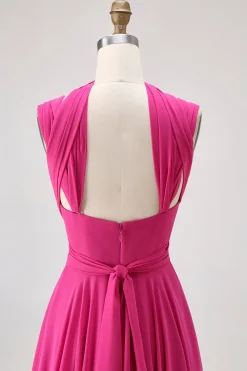 Fuchsia Uma linha conversível Chiffon vestido de dama de honra com fenda