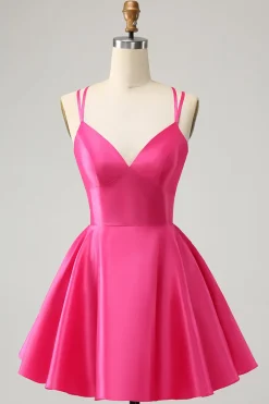 Fuchsia Uma Linha Esparguete Correias Backless Short Bonito Homecoming Dress