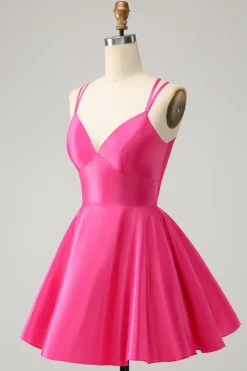 Fuchsia Uma Linha Esparguete Correias Backless Short Bonito Homecoming Dress