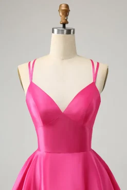Fuchsia Uma Linha Esparguete Correias Backless Short Bonito Homecoming Dress