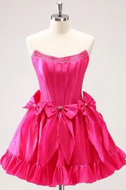 Fuchsia Uma Linha Espartilho Sem Alças Vestido Curto Homecoming Com Laços