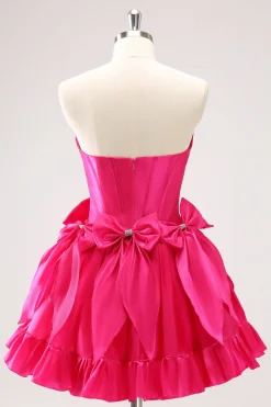 Fuchsia Uma Linha Espartilho Sem Alças Vestido Curto Homecoming Com Laços