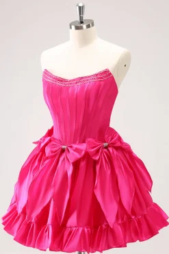 Fuchsia Uma Linha Espartilho Sem Alças Vestido Curto Homecoming Com Laços