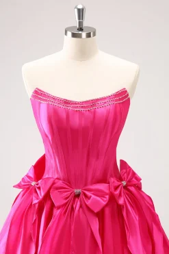 Fuchsia Uma Linha Espartilho Sem Alças Vestido Curto Homecoming Com Laços
