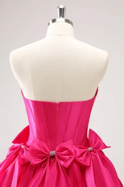 Fuchsia Uma Linha Espartilho Sem Alças Vestido Curto Homecoming Com Laços