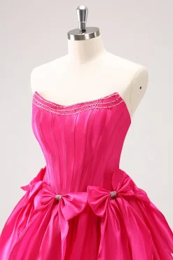 Fuchsia Uma Linha Espartilho Sem Alças Vestido Curto Homecoming Com Laços