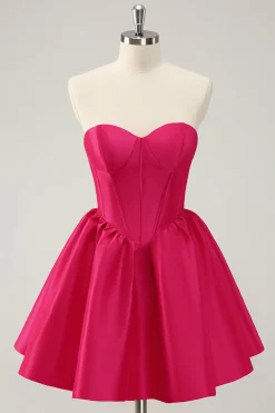 Fuchsia Uma Linha Querida Corset Cetim Vestido de Volta ao Lar Fofo