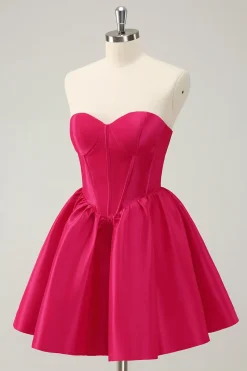 Fuchsia Uma Linha Querida Corset Cetim Vestido de Volta ao Lar Fofo