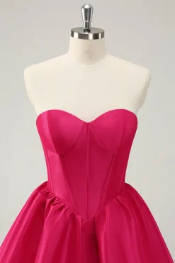 Fuchsia Uma Linha Querida Corset Cetim Vestido de Volta ao Lar Fofo