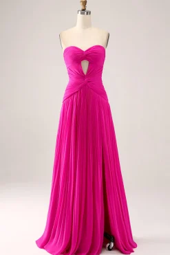 Fuchsia Uma linha querida plissado Keyhole longo vestido de baile com fenda