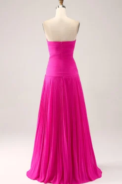 Fuchsia Uma linha querida plissado Keyhole longo vestido de baile com fenda