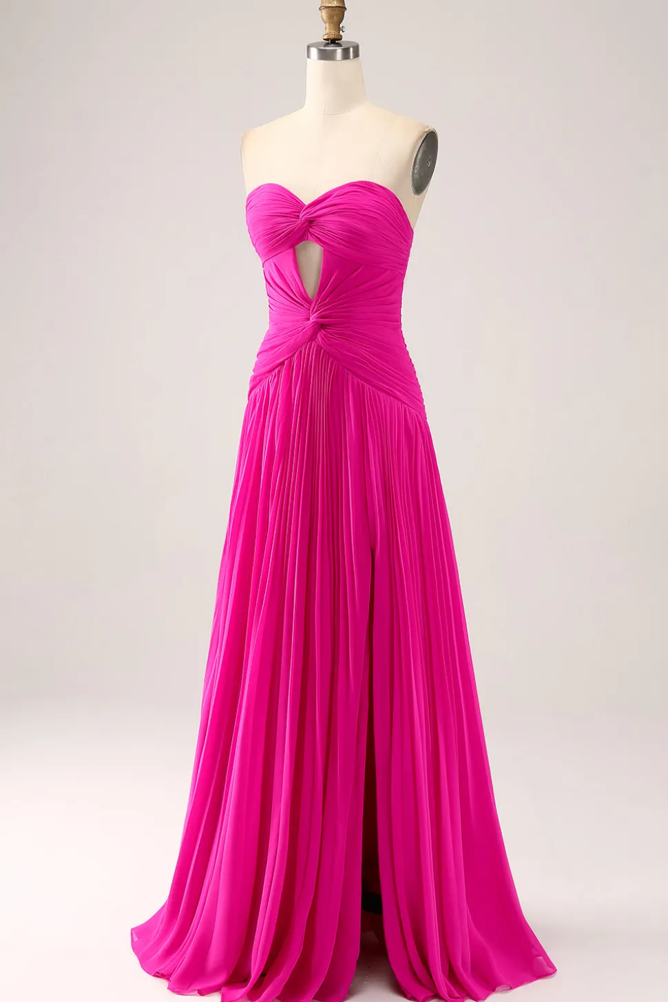 Fuchsia Uma linha querida plissado Keyhole longo vestido de baile com fenda