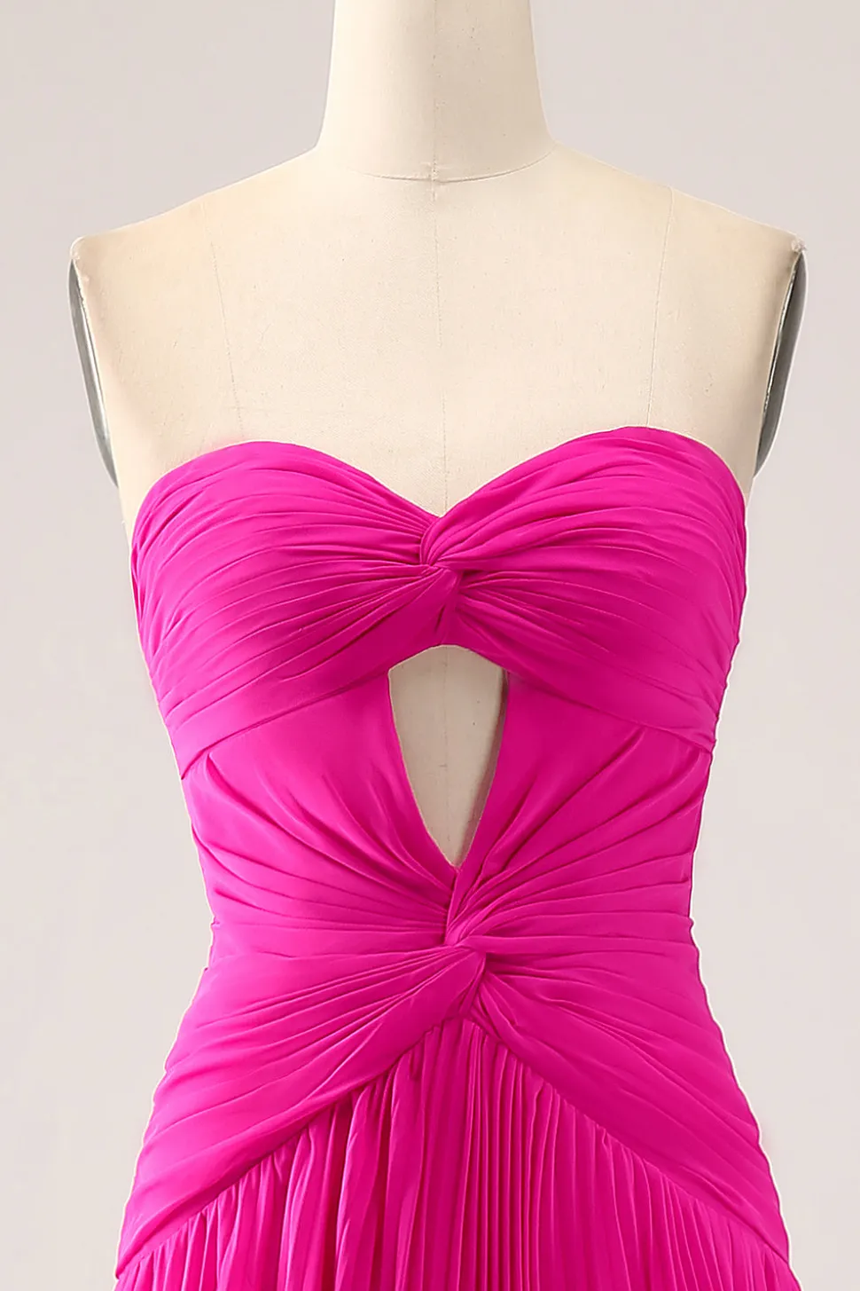 Fuchsia Uma linha querida plissado Keyhole longo vestido de baile com fenda