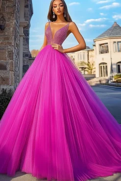 Fuchsia V-Neck Tulle A-Line Vestido Longo Baile de Formatura