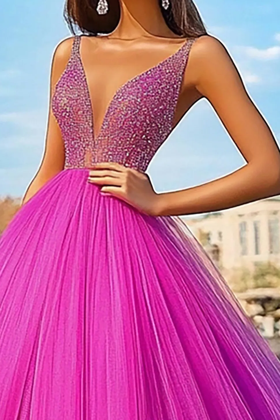 Fuchsia V-Neck Tulle A-Line Vestido Longo Baile de Formatura
