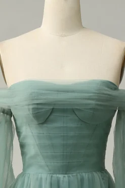 Fuera del Hombro Cinza Verde Tul Mangas Compridas Vestido de Festa