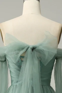 Fuera del Hombro Cinza Verde Tul Mangas Compridas Vestido de Festa