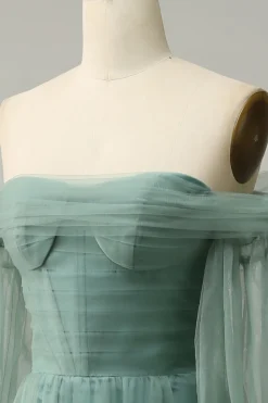 Fuera del Hombro Cinza Verde Tul Mangas Compridas Vestido de Festa