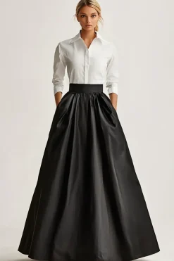 Full Length Black Satin Uma saia de linha com Pcokets