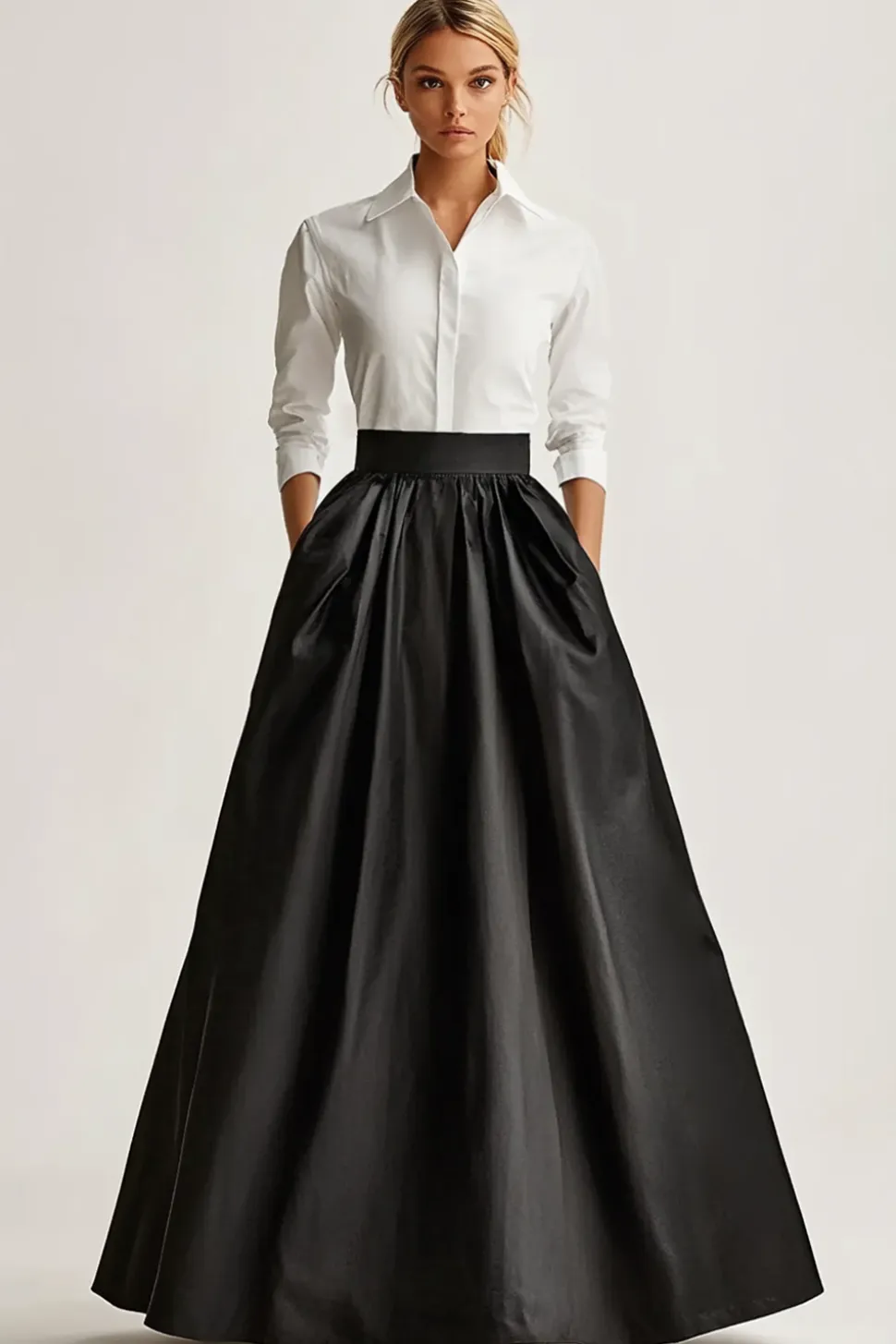 Full Length Black Satin Uma saia de linha com Pcokets
