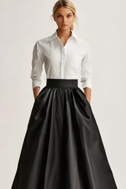 Full Length Black Satin Uma saia de linha com Pcokets